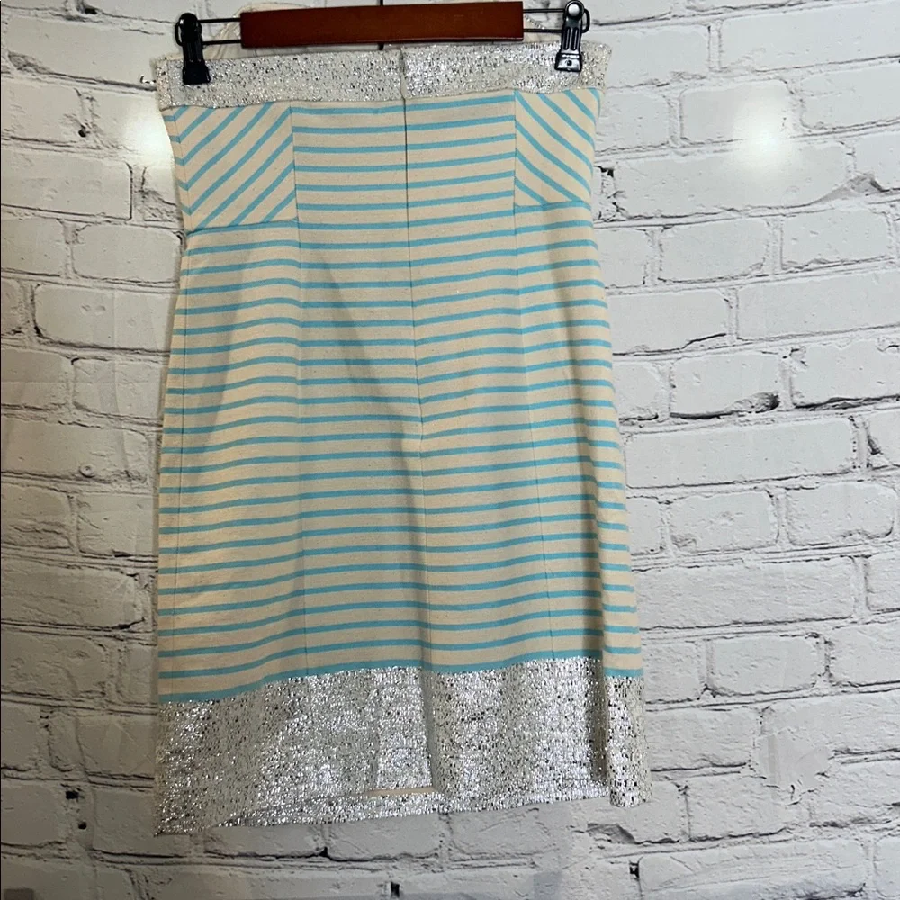 Lilly Pulitzer Blue & Ivory Striped Metallic Silver Trim Strapless Dress Size 0 - Picture 2 of 9